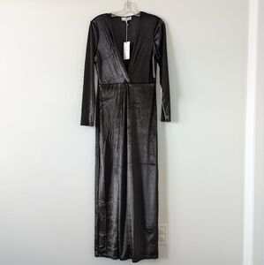 WAYF Metallic Black Long Sleeve Wrap Maxi Evening Dress Size L Deep V Neck